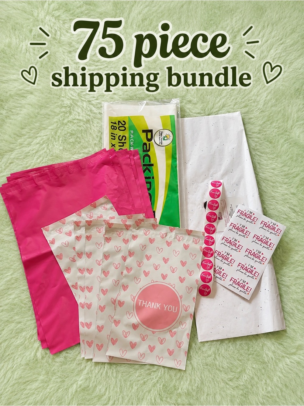 75 piece shipping supplies bundle poly mailers, packing paper, tissue paper..